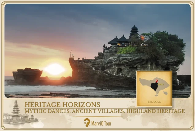 MarviO Tour Bali Essence Escape cover - Heritage Horizons in Bedugul featuring mythic dances, ancient villages, and highland heritage (Ulun Danu, Bedugul, Tanah Lot)