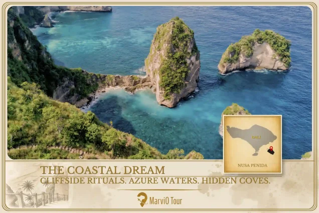 MarviO Tour Bali Island Serenity expedition cover - The Coastal Dream featuring Nusa Penida cliffside rituals, azure waters, and hidden coves (Uluwatu Kecak Show)