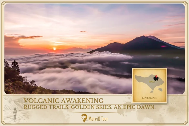 MarviO Tour Batur Sunrise Trekking cover - Volcanic Awakening in Kintamani featuring rugged hiking trails, golden sunrise skies, and an epic dawn over Mount Batur