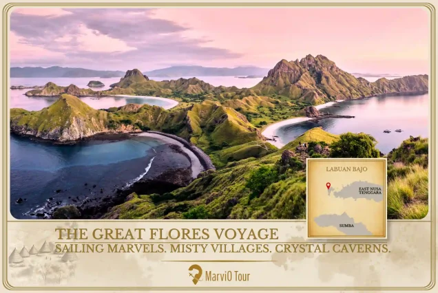 MarviO Tour Labuan Bajo Flores expedition cover - The Great Flores Voyage featuring sailing marvels, misty villages, and crystal caverns in East Nusa Tenggara