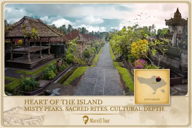 MarviO Tour Kintamani Tour cover - Heart of the Island featuring misty volcanic peaks of Mount Batur, sacred temple rites, and rich cultural depth