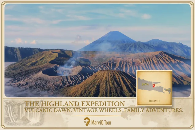 MarviO Tour Malang Bromo expedition cover - The Highland Expedition featuring volcanic dawn, vintage wheels jeep tour, and family adventures
