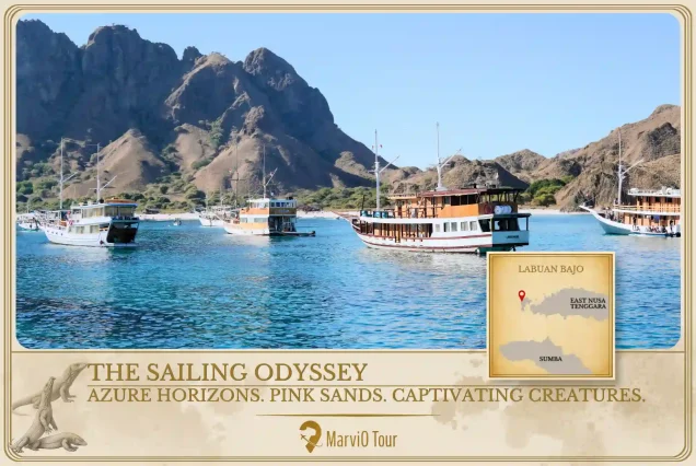 MarviO Tour Spirit Labuan Bajo expedition cover - The Sailing Odyssey featuring azure horizons, pink sands, and captivating creatures including Komodo dragons