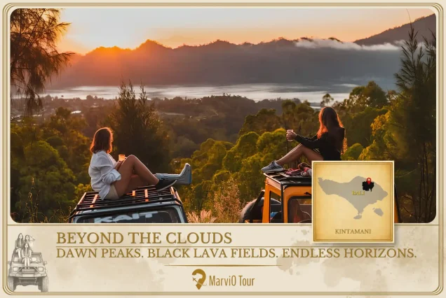 MarviO Tour Sunrise Jeep Expedition cover - Beyond the Clouds in Kintamani featuring dawn peaks over Mount Batur, black lava fields, and endless volcanic horizons