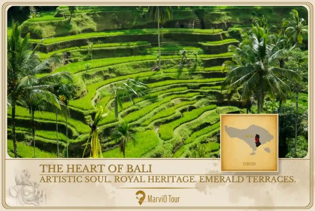 MarviO Tour Ubud Tour cover - The Heart of Bali featuring artistic soul, royal heritage at Ubud Palace, and emerald green rice terraces