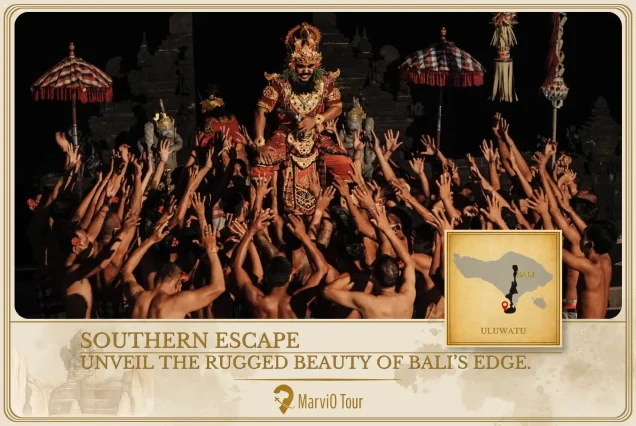 MarviO Tour Uluwatu Southern Escape cover - unveil the rugged beauty of Bali's edge featuring clifftop Uluwatu Temple and traditional Kecak fire dance