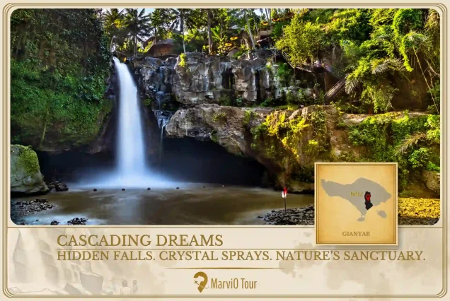 MarviO Tour Waterfall Hunter cover - Cascading Dreams in Gianyar featuring hidden jungle waterfalls, crystal clear sprays, and nature's sanctuary in Bali