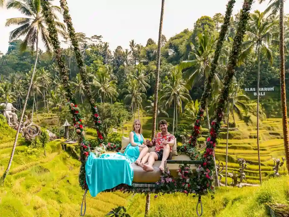 women enjoy giant swing in Ubud Bali tour