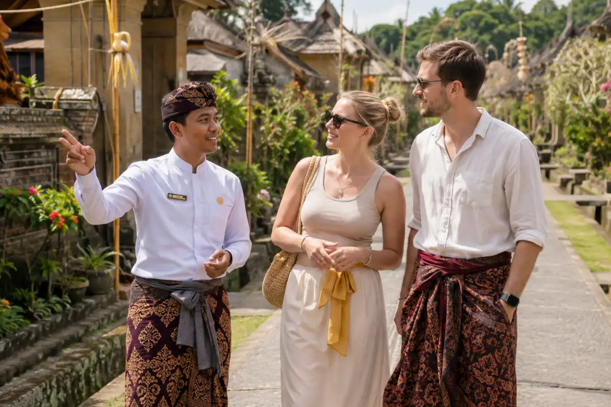 A local Balinese tour guide showing two tourists around a traditional Balinese village