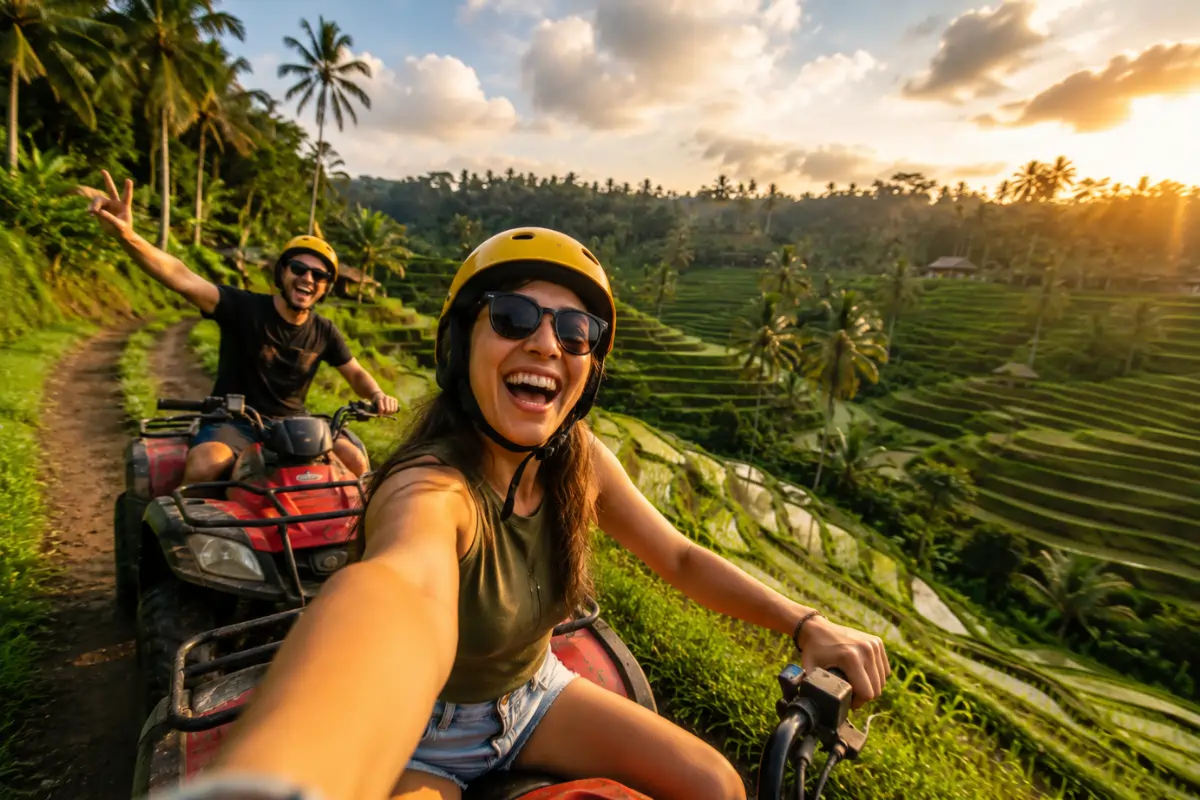 Tourists riding ATV through lush green rice terraces in Bali during an outdoor adventure
