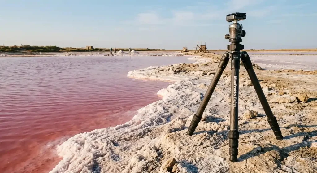 White salt crusts and pink water at Lake Masazir in Azerbaijan