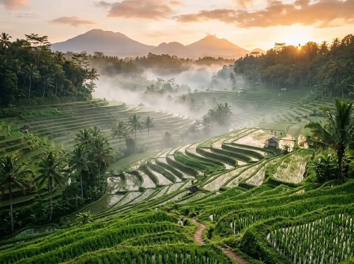 Tegallalang Rice Terraces in Ubud Bali at sunrise with morning mist