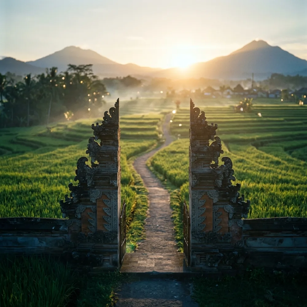 Traditional Balinese temple gate leading to rice paddies in Ubud Bali