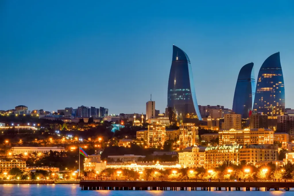 A wide shot of Baku Bay in Azerbaijan