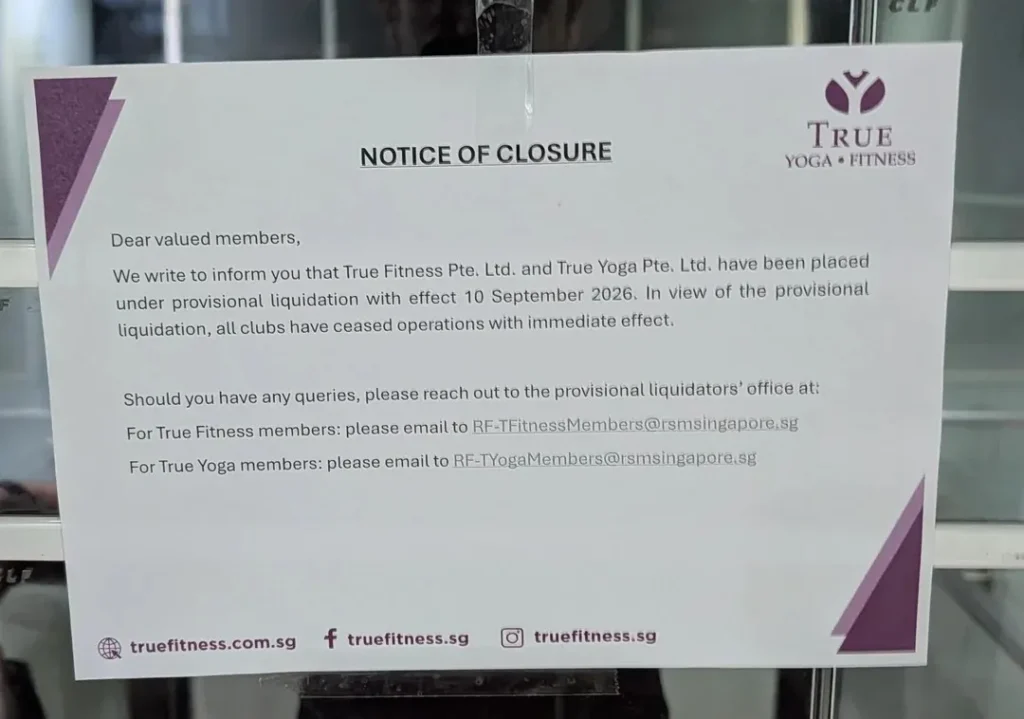 True Fitness Singapore liquidation notice of closure