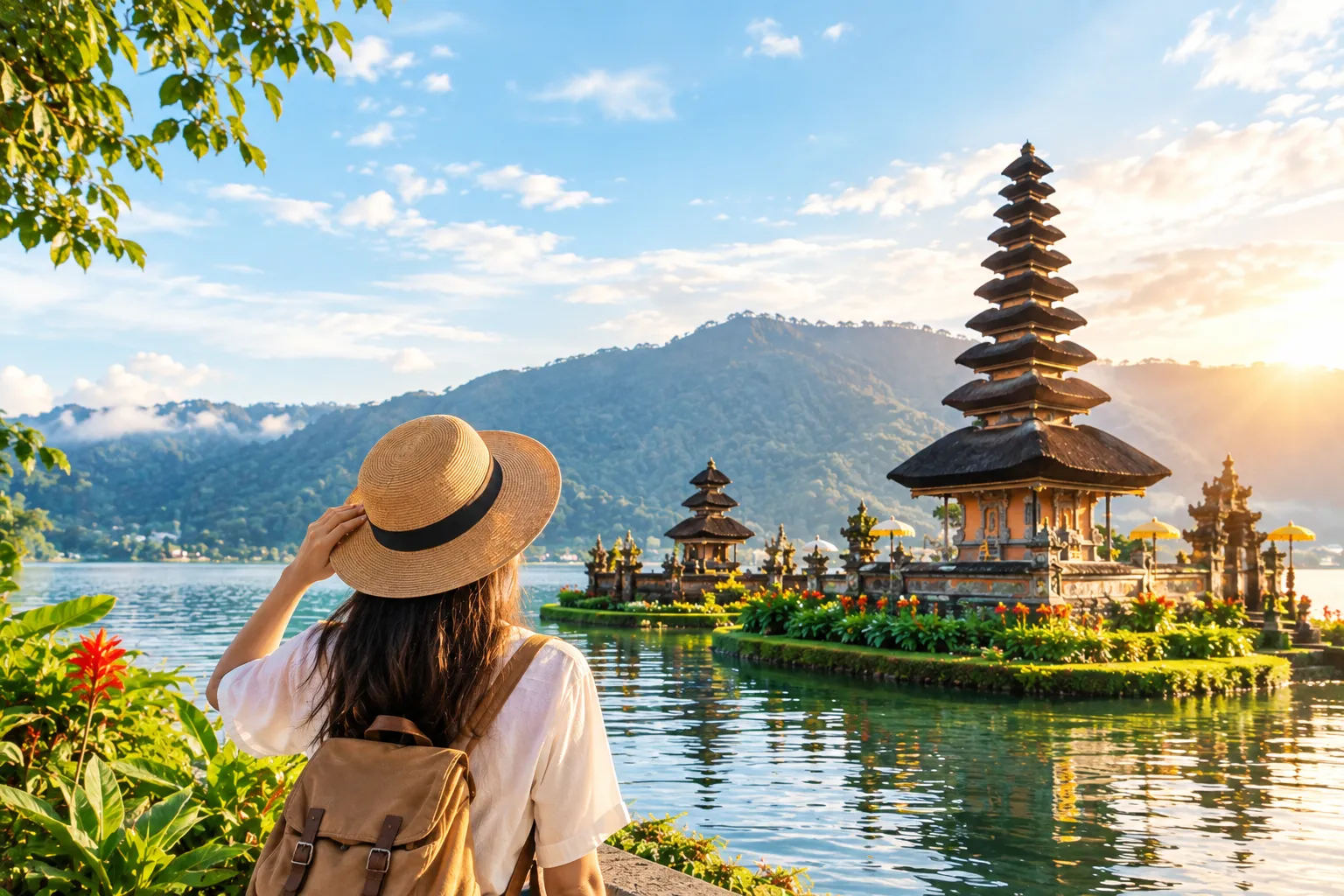 Bali Custom Tour with traveler exploring a Balinese temple and lake