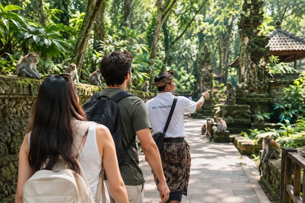 Ubud Bali Monkey Forest with monkeys and traditional Balinese temple