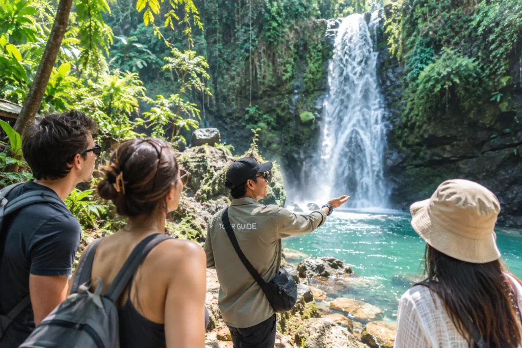 Bali Tour Guide showing visitors a beautiful tropical waterfall